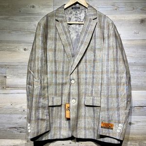 Enzo Tovare 100% Linen Blazer Jacket Mens 42R Brown Blue Plaid Two-Button